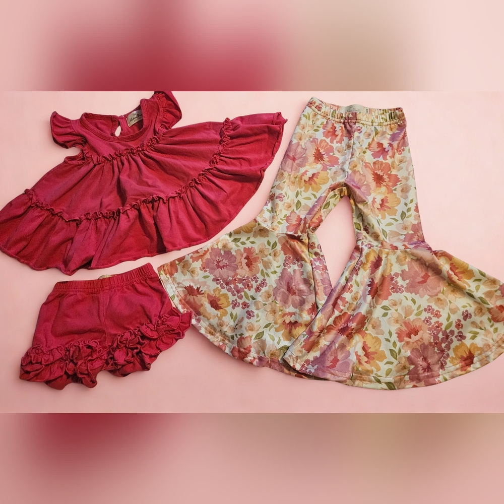 Hot pink tiered ruffle tunic & ruffle hem cotton shorts, pink peony bell bottoms